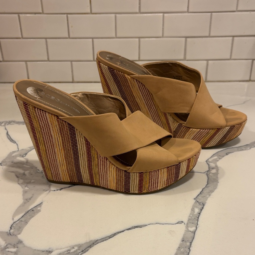 BCBG Tan Wedge Sandals